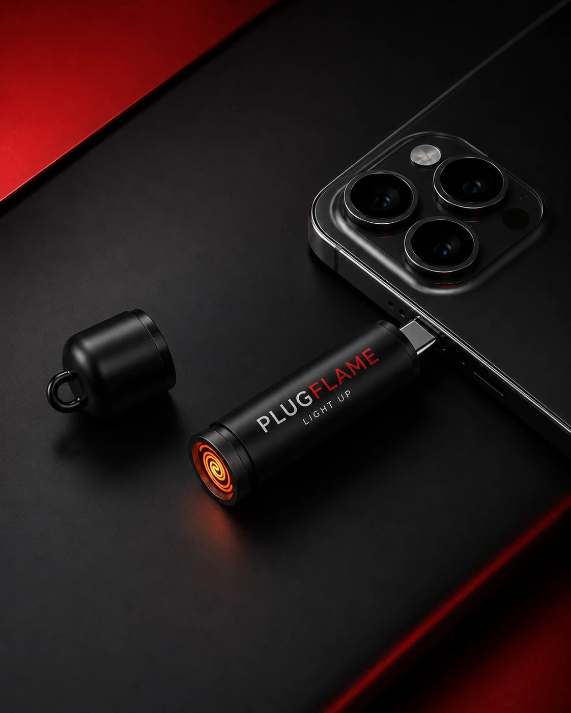PLUGFLAME USB-C lighter plugged into a smartphone